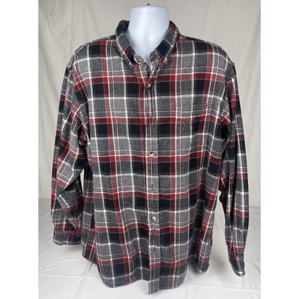 REDHEAD FLANNEL SHIRT MENS PLAID RED GREY BLACK BUTTON DOWN COTTON OUTDOORS